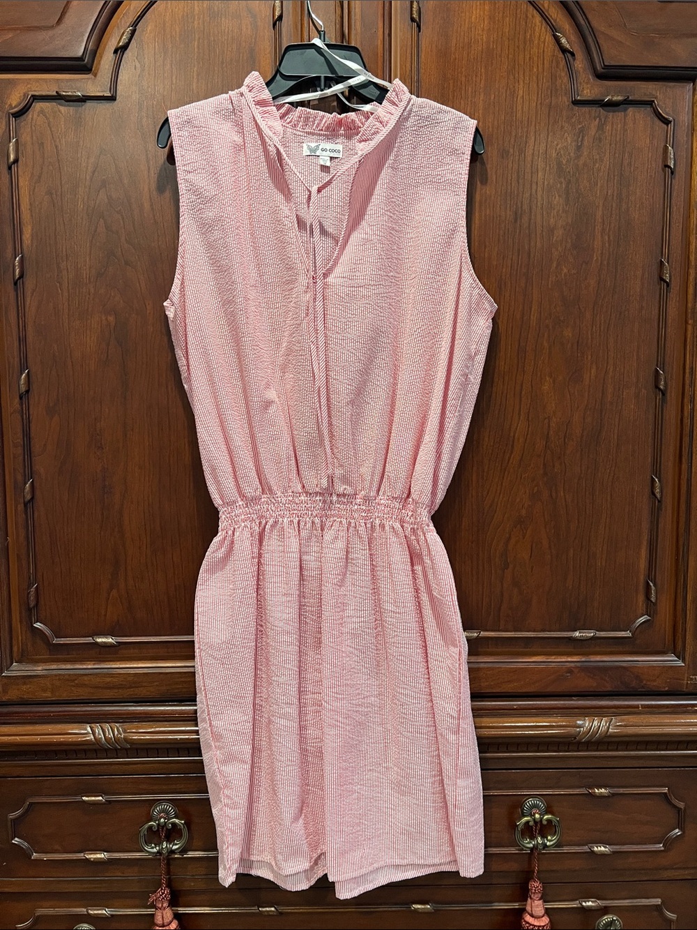 Sleeveless Pink & White Elastic-Waist Mini Dress with Tie Neck
